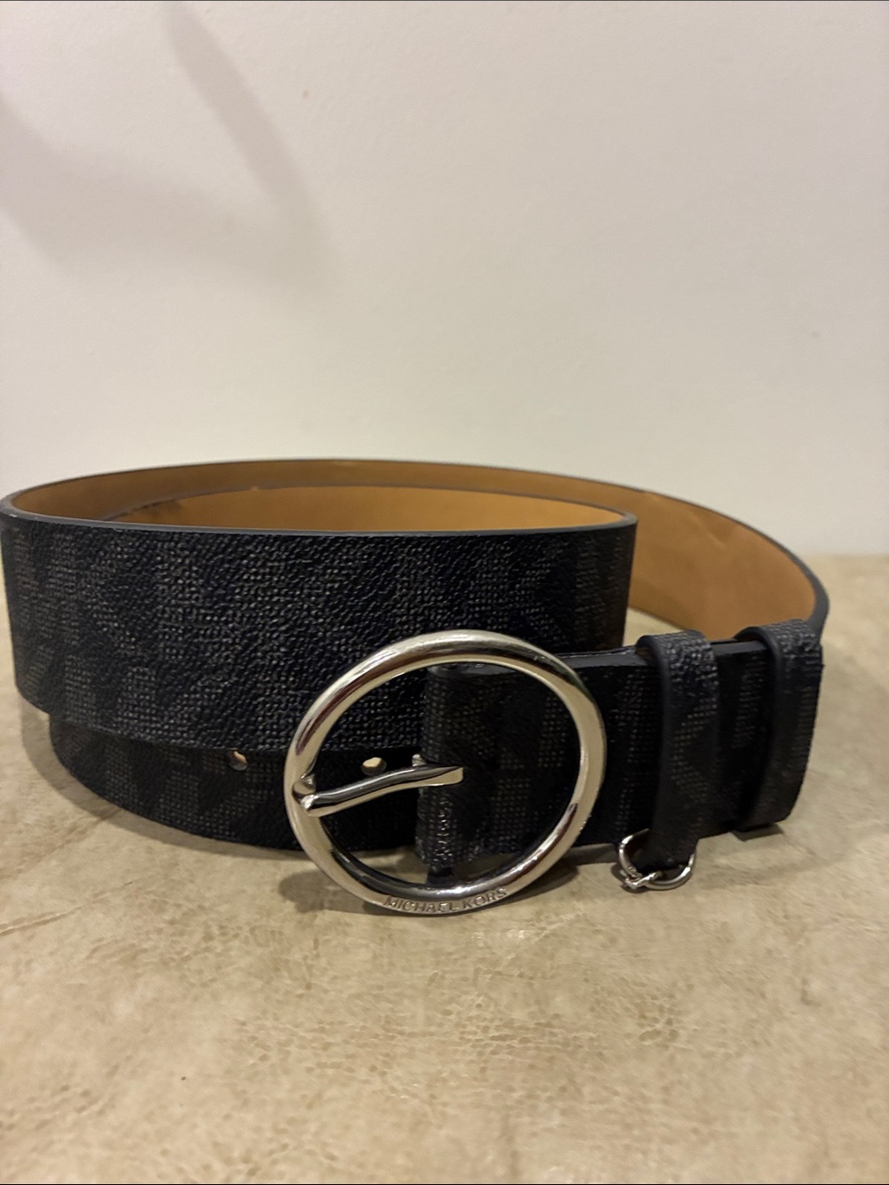 Michael Kors Black Logo-Print Round Buckle Belt